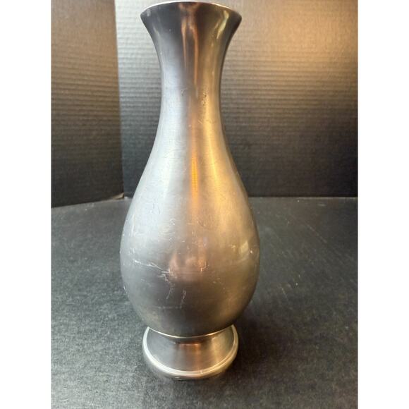 Vtg Metal Pewter w/Brass Floral Overlay Decorative Vase 8.5" Tall Hong Kong - Picture 3 of 8